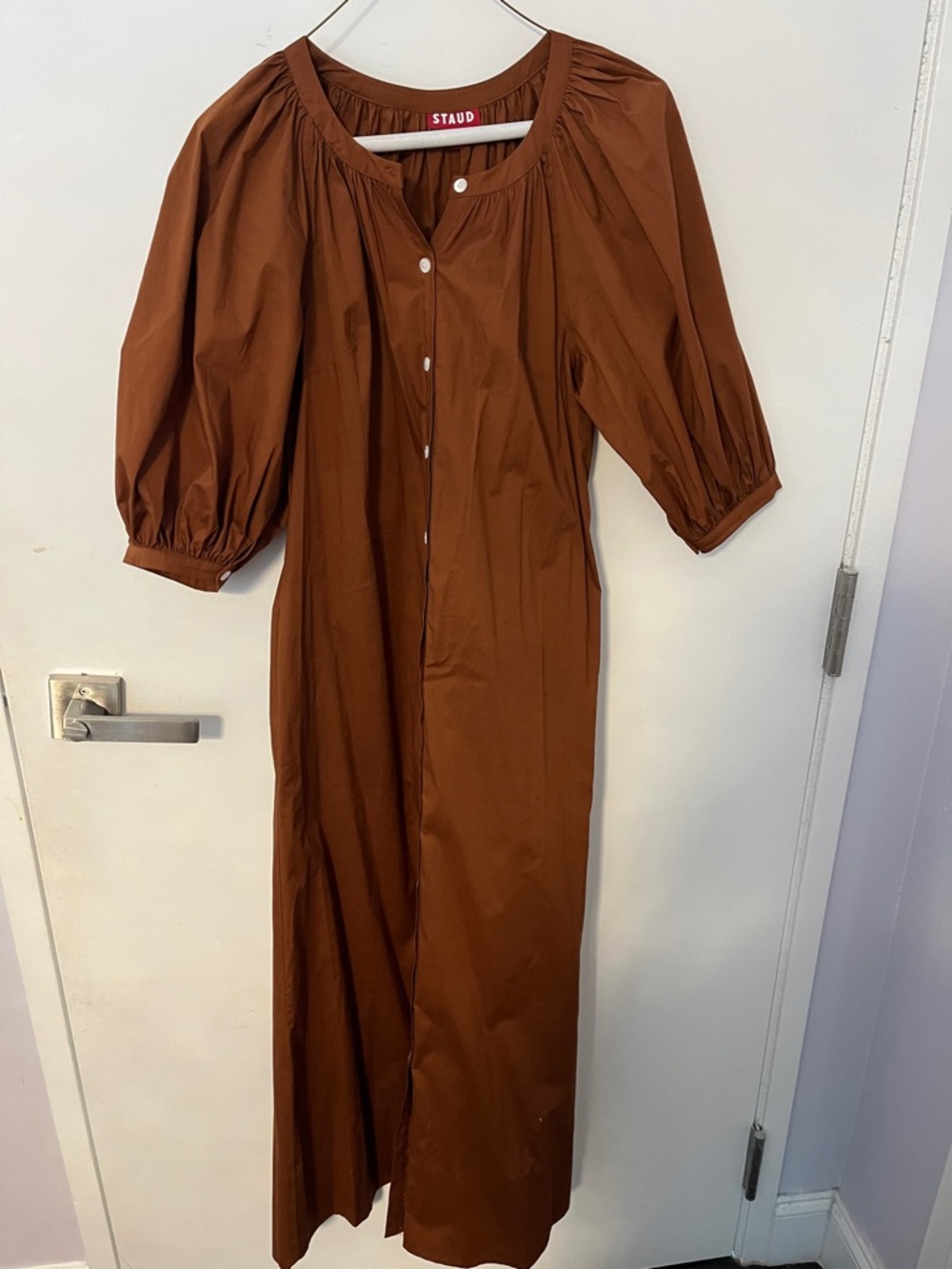 STAUD Rust-Brown Puff Sleeve Button-Front Maxi Dress